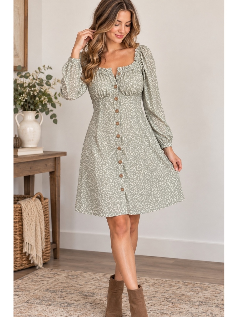 No Boundaries XL Sage Green Floral Cottagecore Dress Long Sleeve Button Fall